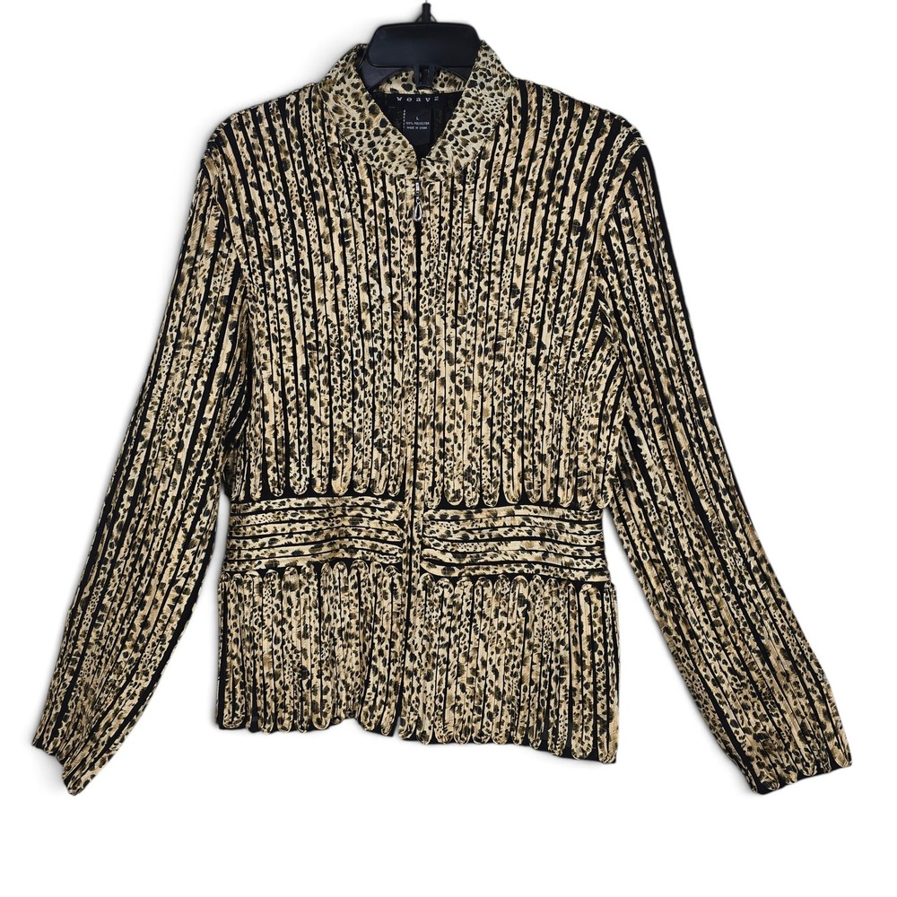 Weavz Jacket Womens L Pleated Leopard Gold Black Zip Mock Neck Peplum EUC Animal